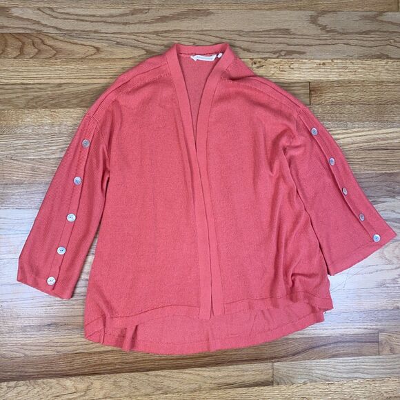 Soft Surroundings Cardigan Large Pinkish Orange One-Button Crochet Open Knit - Picture 4 of 10